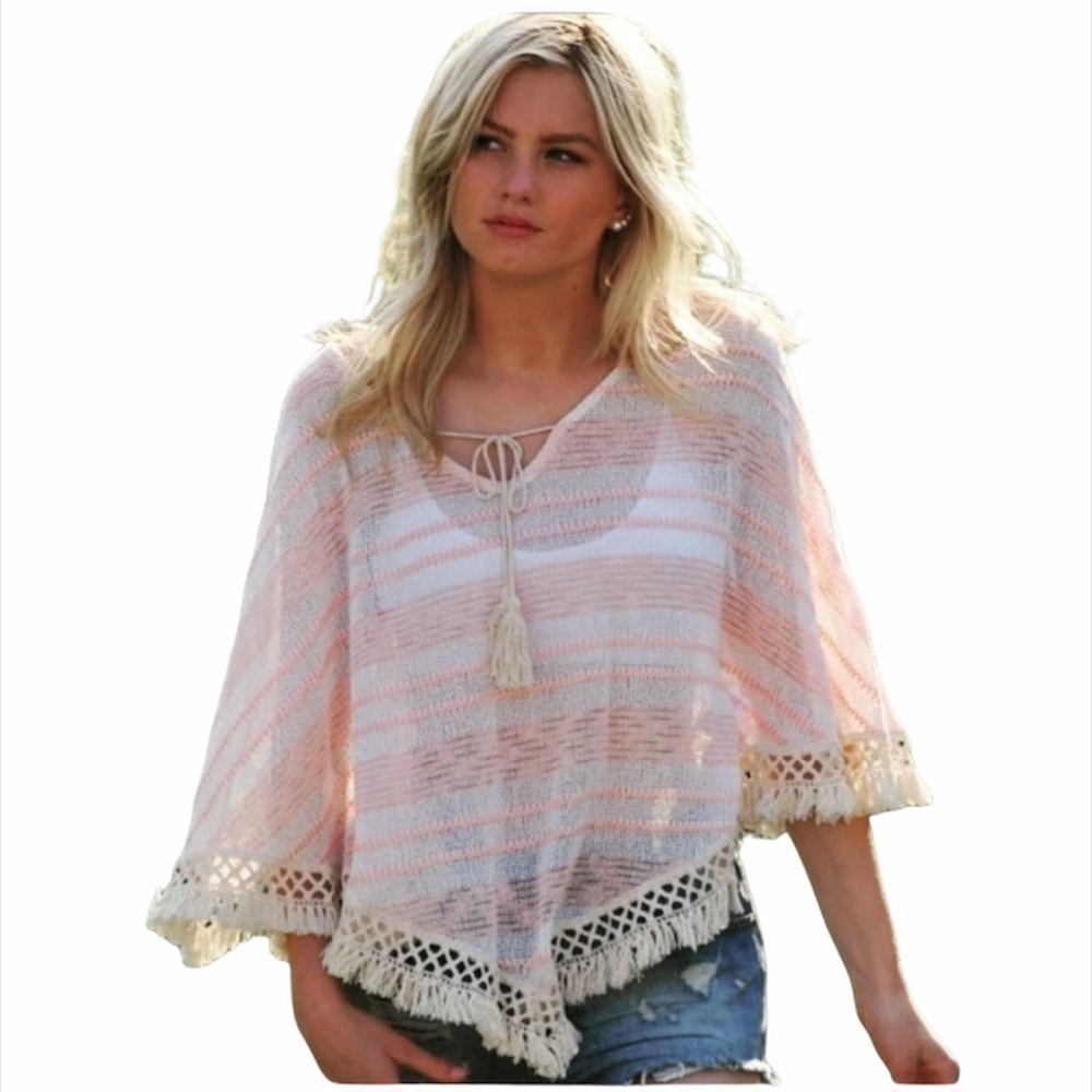 ORANGE CREEk Peach/Cream Tassle Hem Sheer Poncho